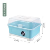 碗柜台面家用厨房装碗筷收纳盒子放碗碟台面置物架餐具奶瓶收纳箱 北欧蓝 中号提全盖（奶瓶材质）