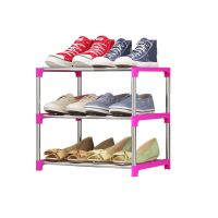 新品 收纳鞋架家庭整理用具大容量鞋架 简易钢管多层多用塑料鞋柜 A款[三层]40*26*36 玫红色
