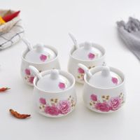 厨房用品饭馆餐厅陶瓷调味罐盐罐辣椒罐盒酱油壶酱醋壶瓶组合套装 幸福满堂-4鼓型罐 （不配盘）