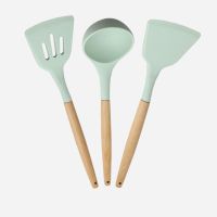 硅胶锅铲厨具套装不粘锅家用木柄耐高温炒菜铲子加收纳桶烹饪工具 清新绿 三件套A（锅铲/汤勺/漏铲）