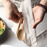 创意木质勺筷餐具套装学生便携筷子勺子日式复古旅行收纳餐具布袋 白底雪花+禾木筷+长柄勺