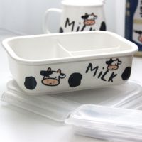 可爱奶牛陶瓷分格饭盒微波炉加热上班族带饭学生宿舍密封便当盒 奶牛分格饭盒（配扣盖） 单个饭盒（无图案）