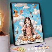 非之语diy数字油画填充色唯美人物手工绘森系少女客厅装饰油彩画 森系-云中早餐-好喜欢呀 40*50用画架