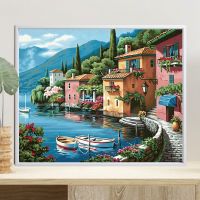 数字油画diy手工填色客厅动漫卡通风景减压现代简约油彩画 装饰画 BH1080-湖边别墅 30X40CM实木内框