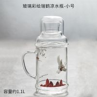容山堂玻璃彩绘冷水壶家用大容量耐高温凉白开水瓶果汁壶创意水杯 玻璃彩绘瑞鹤凉水瓶-小号