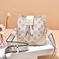 包包女2021新款时尚百搭链条手提包质感水桶包小众设计单肩斜挎包 老花款-米白色