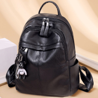 双肩包女士韩版2021新款超火时尚pu软皮潮百搭休闲大容量书包背包 黑色-送公仔