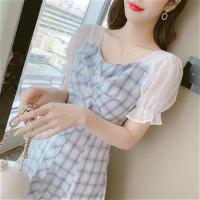 2021年新款彩印小蝴蝶格子泡泡袖可爱方领超仙显瘦炸街短袖连衣裙 图片色 S