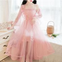 网纱连衣裙中长款蕾丝小清新蝴蝶结打底吊带裙气质女神两件套裙仙 浅粉色[不送腰带] XL