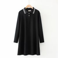 夏季大码胖MM200斤宽松遮肉百搭长款连衣裙彩色双领洋气T恤上衣 ZY-长袖黑色641 XXL建议120-150斤