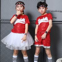 儿童爵士舞演出服亮片蓬蓬裙合唱团钢琴表演服男女童啦啦操舞蹈服 红色 女 100