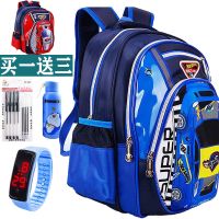 韩版小学生书包男孩1-2-3-4-5-6年级双肩书包减负护脊儿童背包 蓝色中号汽车背包 水杯+笔套装