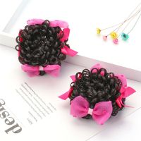 儿童发饰古风头饰汉服演出头花女童花苞头小女孩丸子头假发圈盘发 蝴蝶结玫红[一对] 送一字夹+拉发针