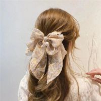 韩国大号多层飘带印花蝴蝶结后脑勺发夹弹簧夹发饰头饰横夹顶夹 YX011香槟色款
