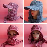 2021新款护脖捂脸帽子工作田间棉布大长檐遮阳透气防风尘防晒工地 系带棉布款红格