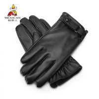 稻草人皮手套潮男士冬季韩版加绒加厚保暖防水骑行摩托车机车触屏 黑色[A款] 均码