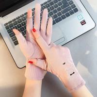 焦下防晒薄手套女夏防紫外线五指冰丝透气骑车触屏防滑开车手套女 小熊露二指[豆沙紫]