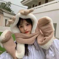 鹿角帽子韩版可爱女百搭秋冬季小熊围巾一体骑车保暖手套三件套潮 卡其色