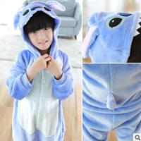 秋冬季版亲子儿童卡通连体睡衣恐龙动物宝宝男女情侣法兰绒家居服 蓝史迪仔 儿童身高95-105CM