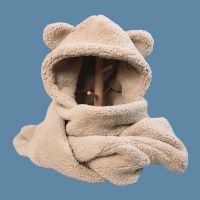 圣诞麋鹿角帽子围巾手套三件套女冬加厚保暖围脖套帽学生一体帽潮 米色小熊三件套(羊羔绒) 均码三件套