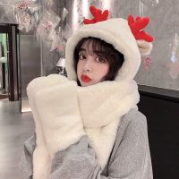 帽子女秋冬季圣诞鹿角可爱百搭韩版潮冬天手套三件套围巾一体保暖 圣诞红露角-奶白色