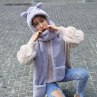 儿童帽子围巾手套三件套一体男女童冬季加绒加厚保暖连帽宝宝围脖 [时尚猫咪]灰色 儿童款(适合身高90-140CM)