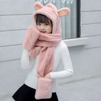 儿童帽子围巾手套三件套一体冬季男女童百搭加厚保暖围脖韩版可爱 眯眼加厚款:皮粉 儿童款(适合身高90-140CM)