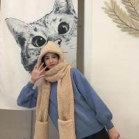 帽子女冬季保暖围巾手套一体套装鹿角时尚可爱连体加绒圣诞节新款 普通-米色 成人加大尺码加厚加绒