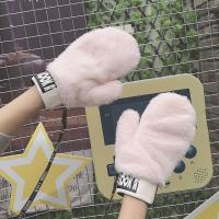 韩版情侣可爱小黄鸭毛绒手套女冬天保暖挂脖加绒加厚骑车防寒手套 粉色毛绒拳击手套 均码