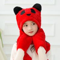 秋冬季儿童围巾帽子手套三件套一体男女童加绒护耳棉帽子学生围脖 大红-熊猫 小童款(建议年龄2-6岁)