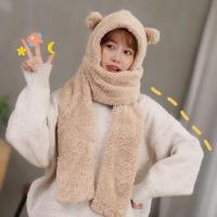 秋冬帽子保暖围巾手套一体女可爱猫耳朵加厚防风三件套围脖套帽 小熊耳朵款(无手套)米色 升级(加厚)