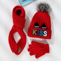 儿童帽子围巾手套三件套装秋冬季宝宝加绒毛线帽男童女童套头帽潮 kiss纯色[加绒]红+红巾+五指红 3-8岁/头围46-