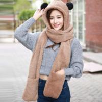 冬季学生围脖女帽子围巾手套三件套一体儿童可爱加厚套装亲子韩版 双球成人卡其