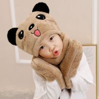 儿童保暖帽子围巾手套三件套一体男女宝宝秋冬季加厚护耳帽围脖套 卡其色新款大眼熊 1-6岁小童