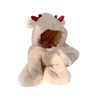 圣诞鹿角帽子围巾手套一体三件女冬可爱毛绒加厚保暖围脖冬天 米色