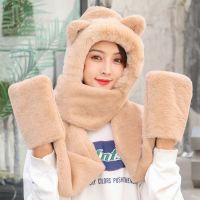 帽子围巾手套三件套一体女冬季可爱猫耳朵少女围脖套装秋冬天保暖 成人亮片猫耳朵-驼色