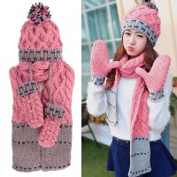 帽子围巾手套三件套女冬季学生韩版潮可爱秋冬加厚毛线帽围脖保暖 穿线三件套-粉色