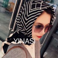 穆斯林纱巾新款爆款斜纹缎90防滑方巾明星同款回族盖头巾秋冬围巾 条纹黑 斜纹缎90*90防滑方巾送盒针