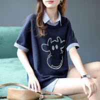 棉质2021夏季新款韩版宽松拼接假两件上衣POLO领烫钻短袖T恤女潮 蓝色 XL 135-155