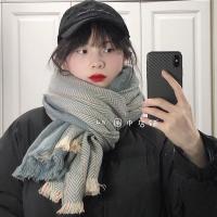 简约风围巾女冬韩版百搭长款加披肩两用仿羊绒人字纹拼接围脖 雾霾蓝