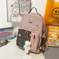高颜值书包女日系ins初中生大学生背包韩版原宿风双肩包2021新款 粉色+徽章3枚+腮红熊