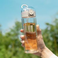 ovolove玻璃吸管杯高颜值水杯女便携双层玻璃杯大人孕妇产妇杯子 白色[300毫升]带锁