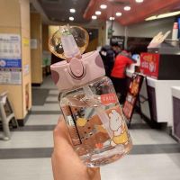 卡通耐热玻璃杯便携可爱学生水杯韩版高颜值少女清新弹盖吸管杯子 兔子-350ml