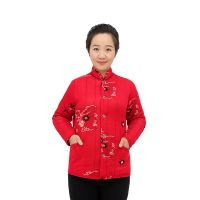 中老年驼绒棉衣女冬季妈妈短款棉袄宽松休闲弹力花袄保暖抗寒外套 红底小黑花 3XL 85斤-115斤