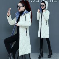 反季棉服2021新款棉衣女袄冬季修身显瘦菱形格中长款过膝大码外套 米白色 M 80斤-105斤