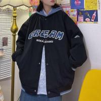 棒球服外套女2021春秋新款韩版宽松BF连帽复古假两件夹克情侣装潮 黑色 S