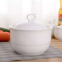 大容量家用陶瓷猪油罐双耳带盖微波炉汤碗厨房储物调味罐特价 7英寸无耳纯白色钻石纹