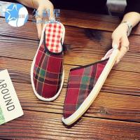 日常休闲薄款春秋老北京手工居家男女布鞋室内外防滑牛筋包头拖鞋 红绿大格 36