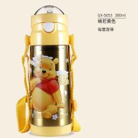 迪士尼儿童不锈钢保温杯宝宝带吸管水壶小孩杯子卡通防摔保温水瓶 GX-5653维尼黄色