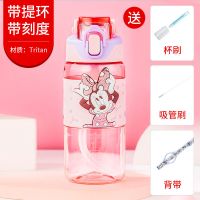迪士尼儿童夏季水壶男女小学生防摔水杯上学专用吸管杯大容量zi 米妮粉450毫升[3D皮套] 送网红背带+杯刷+吸管刷